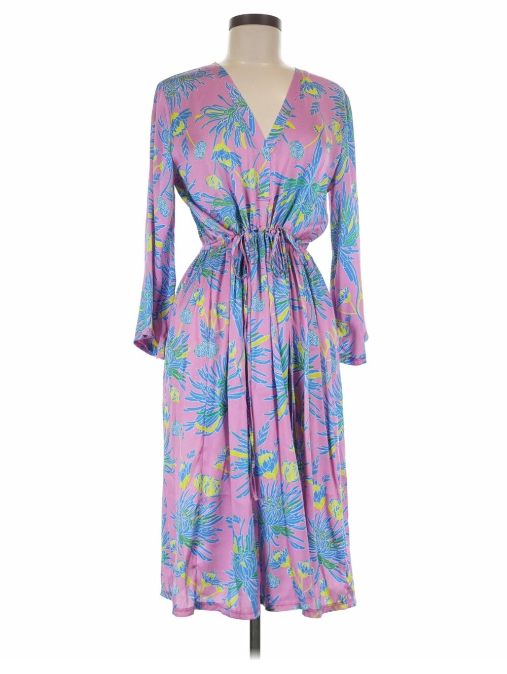 Narli Silk Midi Dress Floral Size Medium Pink Tropical Botanical Resort Style